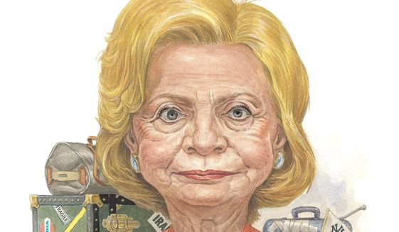 Illustration on Hillary Clinton's historical/political baggage by Alexander Hunter/The Washington Times